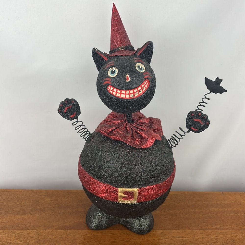 Vintage Department 56 Halloween glitter black cat lidded candy container
